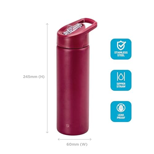 Smash Stainless Steel Water Bottle with Flip Top Lid and Straw - Merlot 750ml — view 5
