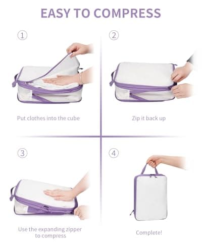 ECOHUB 6pcs Compression Packing Cubes Set for Backpack Suitcases, Expandable Travel Organiser with Shoes Bag, Ultra-resistant Packing Organiser for Carry On Luggage, Purple (Patent Pending) — view 6