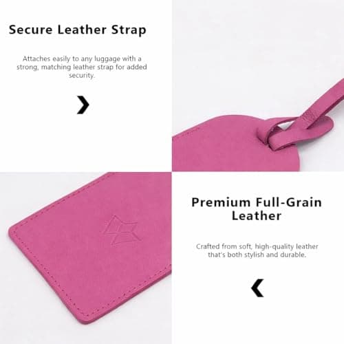 Wasama Genuine Leather Luggage Tag | Travel Baggage Tag | Durable Strap & Privacy Flap (Bright Pink) — view 6