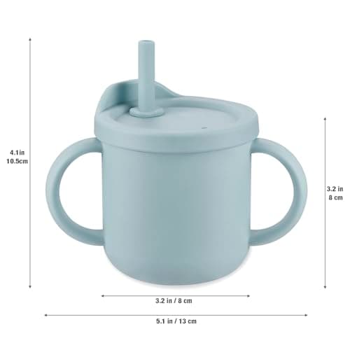 PandaEar 8 Pack Silicone Baby Feeding Set - 2 Suction Plates, 2 Sippy Cups, 2 Spoon & Fork Sets | Travel Weaning Supplies | BPA Free Self-Feeding Kit (Light Blue/Light Green) — view 5