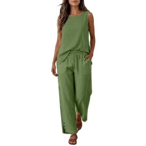 Bronze Womens Linen Loungewear Sleeveless Top & Wide Leg Elastic Waist Pants 2 Piece Lounge Wear Sets Solid Colour Loose Fit Ladies Travel Tracksuit Light Everyday Wear Size 12