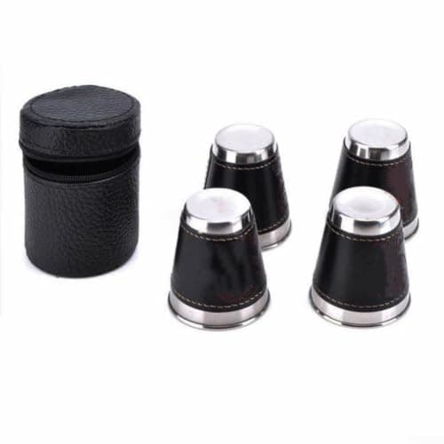 Portable Stainless Steel Cups 70ml Stackable Travel Mug Set with Leather Bag for Camping Hiking Picnic Outdoor Activity Black — view 3