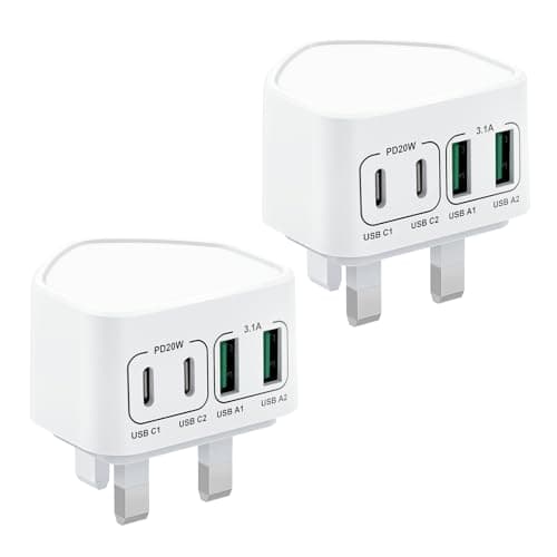 2-Pack 40W USB C Fast Charger, 4-Port Multi Charger UK Charging Plug Dual Type C PD Power Adapter + Micro USB Plug for iPhone 17 16 15 14 13 12 11 Pro Max XR XS, iPad, Samsung