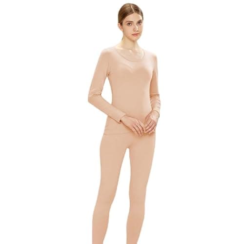 FUNSEED Women's Thermal Underwear Set Cotton Round Neck Long Sleeve Base Layers Set, Pink, Large
