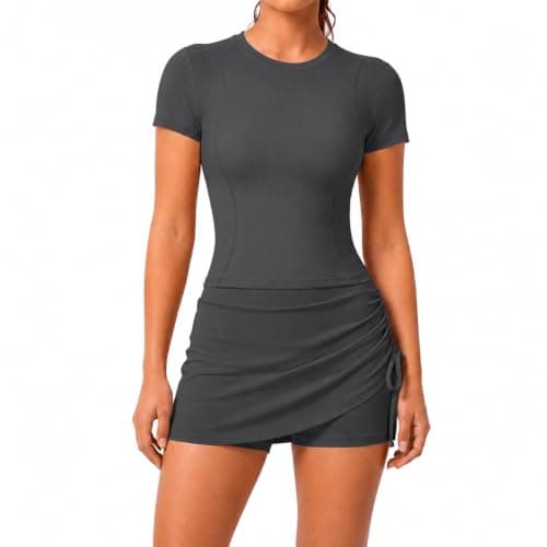 Women's 2 Piece Workout Set Short Sleeve Top and Ruched Skort (Graphite gray,S)