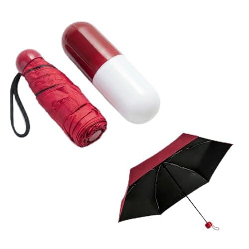 Mini Red Capsule Folding Umbrella, Compact Folding Travel Sun & Rain Umbrella with UV Protection, Portable Pocket Umbrella with Matching Capsule Case for Backpack Handbag Women Men Daily Use