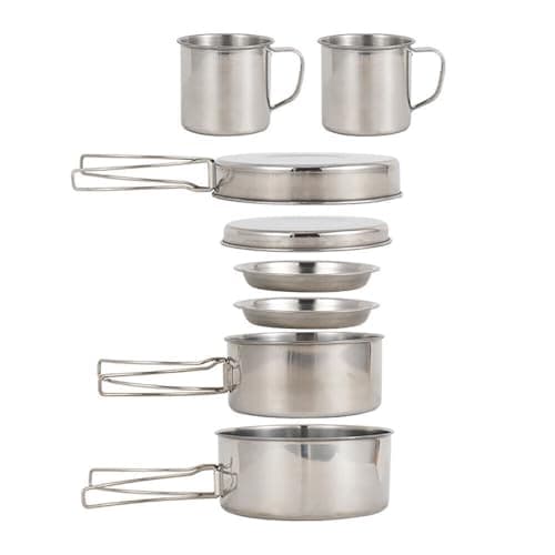 Camping Cookware Mess Kit 8PCS – Stainless Steel Camping Pots, Pan & Plates Set, Portable Cooking Equipment for Outdoor Camping, Hiking, Picnic & Travel – Compact Camp Kitchen Essentials