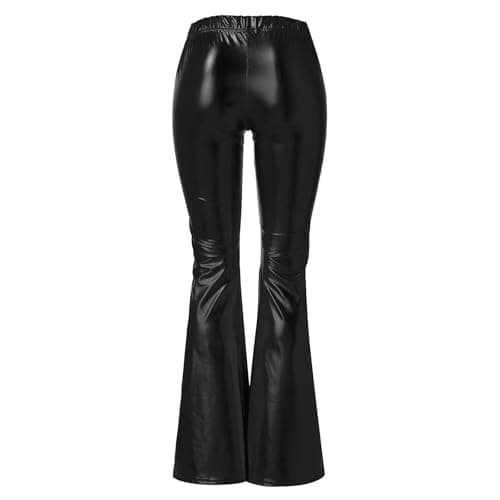 Women's Shiny Vegan Leather Flared Pants, High Waisted with Tummy Control, Bell Bottom Leggings for Festival, Concert, and Club Wear (1-Black, S) — view 3