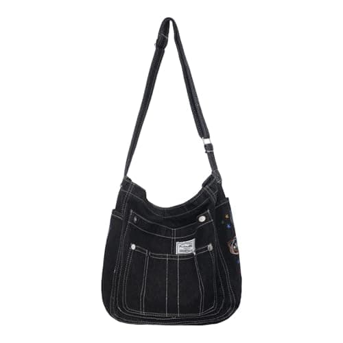 drburpily Shopping Pouch Shoulder Bag Women Denim Tote Bag Large Capacity Daily Beach Trips Or School Needs Birthday Or Anniversary. Lightweight Womens Denim, Black, 35x14x32cm — view 3