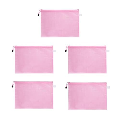 A4 Zip Folders, Plastic Wallets Zip Lock Bags for Offices Home Travel School Supplies, Zip Wallets Plastic Folders File Pockets File Bag for Cosmetics, Cross Stitch, Puzzles, Pack of 5, Pink