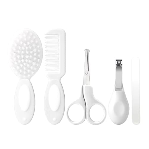Baby Grooming Kit Newborn,Infant Safety Care Set with Hair Brush Comb Nail Clipper, Baby Essentials for Newborn,5 Pcs, Write
