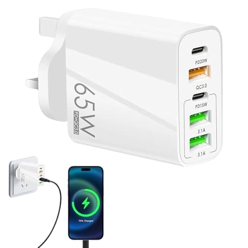 65W 5-Port USB Fast Charger,USB Plug Charger,65W Fast Charging,Wall Plug Multi Fast Charging Plug for Iphone/Samsung/Huawei/Tablet,Multi-Port Quick Charge Adapter (White)
