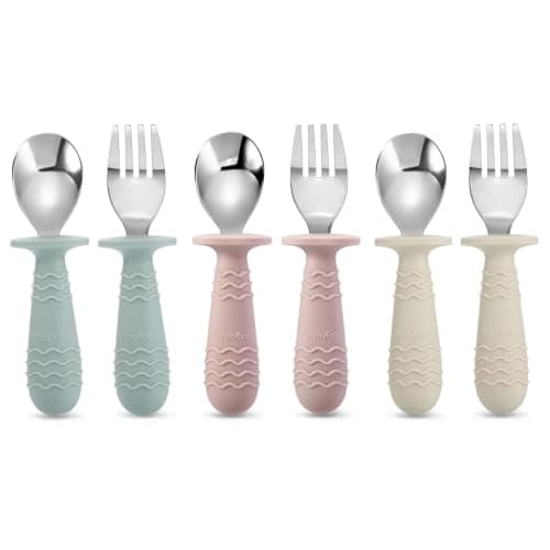 PandaEar 6 Pieces Baby Toddler Silicone Stainless Steel Utensils Silverware Spoon Fork for Baby Toddler BPA Free with Silicone Holding Anti-Choke Design (Blue Pink White)
