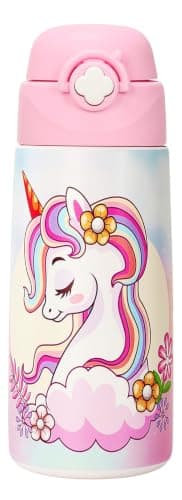ntskood Girls Unicorn Water Bottle for School,Kids 16 oz Insulated Stainless Steel Cup with Straw, Double-Wall Vacuum Leakproof（Unicorn）