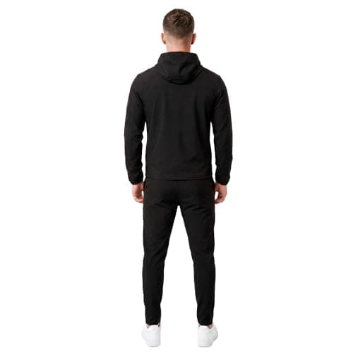 Spindle Men’s 2-Pack Premium Performance Tracksuit Twinset – Tech Bi-Stretch Athletic Hooded Jacket & Jogger Pants Sweatshirt Bundle, Breathable Cotton Poly Training Gym Sweatsuit Set (Black) — view 3