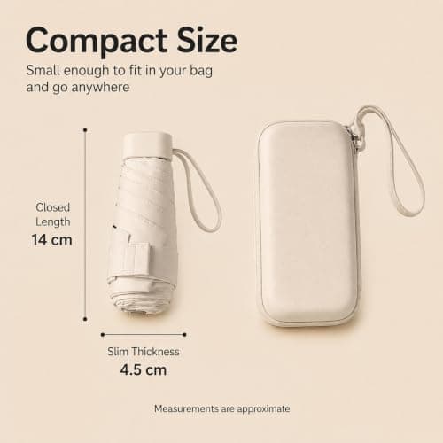 WHJYCC Mini Travel Umbrella, UPF 50+, 6-Rib, Beige, with Zip Case — view 4