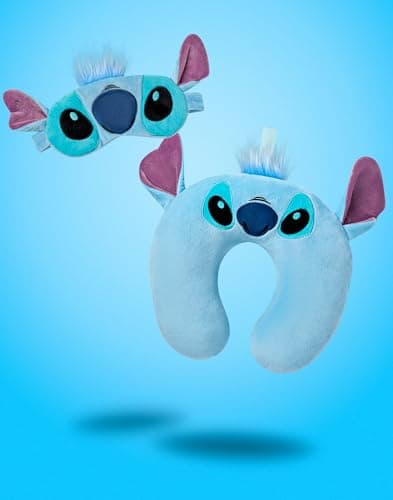 Disney Lilo & Stitch Travel Pillow & Eye Mask Set | Blue Furry Neck Pillow & Sleepwear Eye Cover for Ladies & Girls | Matching Travel Set with 3D Ears for Adults & Teens | Ohana Movie Merchandise Gift — view 3