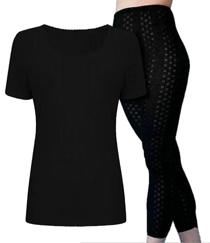 Women’s Thermal Underwear Set – Short Sleeve Fleece Lined Top & Bottom Leggings Long Johns Base Layer Thermal Clothing for Winter Travel, Cold Weather & Everyday Warm (Black, 18-20)
