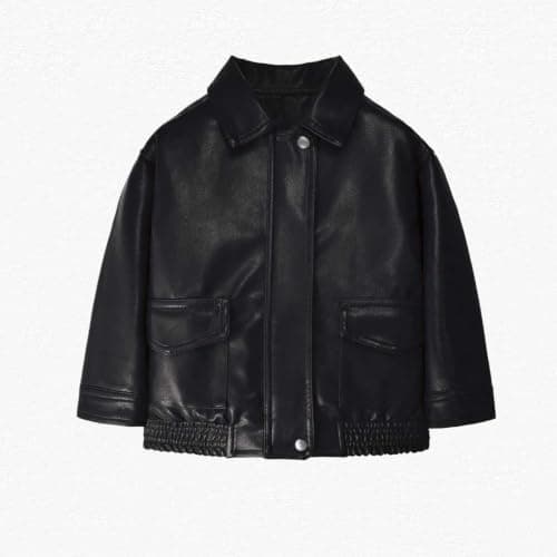 TTHVYE Kids Outdoor Casual Jacket Boys Girls Faux Leather Long Sleeve Zippered Lapel Vintage Biker Style Warm Top for Children Age 1-13 Years Windproof Athletic Daily Travel School Walking​ — view 4