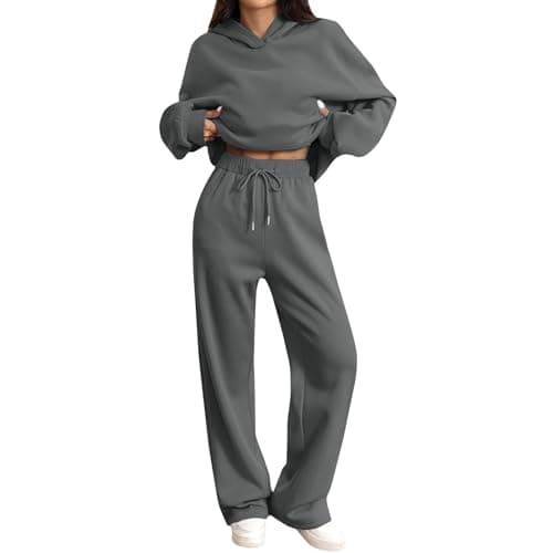 Tracksuit Womens Full Set Oversized 2 Piece Outfits Long Sleeve Hoodie and Sweatpants Women Lounge Wear Sets Fashion Sweatsuits Wide Leg Jogger Loose Loungewear Gym Fitness Activewear Set Grey M