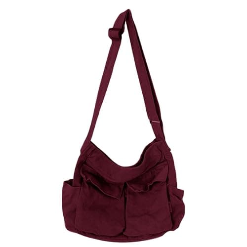 Canvas Messenger Bag Large Hobo Crossbody Bag with Multiple Pockets Casual Shoulder Tote Bag for Women and Men, D Red, L