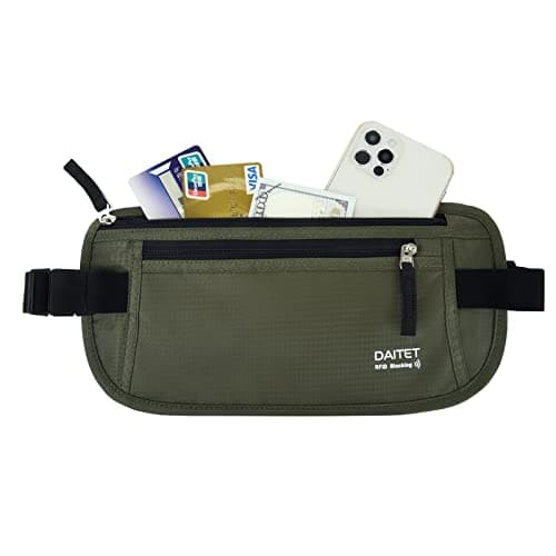 RFID Blocking Money Belt for Men Women, Slim Fanny Pack for Travel，Running,Conceal Waist Wallet for Passport Holder,Phone,Cash(Dark Olive Green) — view 2
