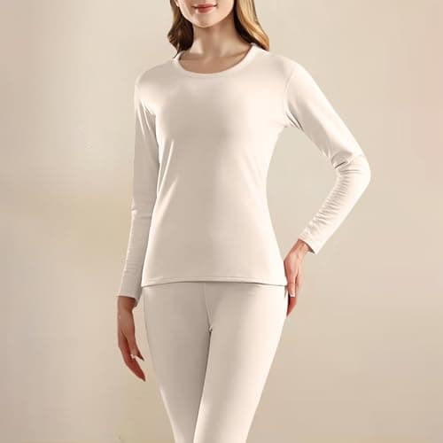 Thermal Underwear Set Women, Fleece Lined Base Layer Long Johns, Long Sleeved Top with Crew Neck, Ladies Warm Underlayer Suit Soft Tops & Bootoms for Ski Cold Weather Beige — view 3