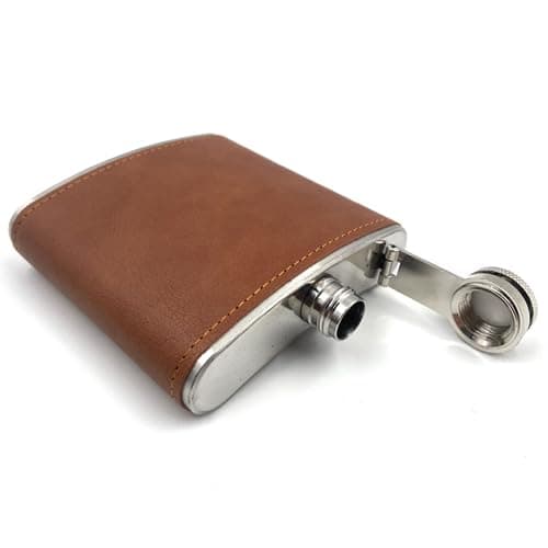 Vokowin 2 pcs 6oz Hip Flask with 2 Funnels, Stainless Steel Portable Pocket Whiskey Flask with Leather Wrapped Cover, Leak Proof Hip Flask for Men Women Travel Gift (Brown, Coffee)(K286-2) — view 6