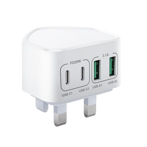 40W USB C Plug Fast Charge, UK 4-Port Multi USB Charger Plug Fast Charging Head for iPhone 17 16 15 14 13 12 11 Pro Max SE XS XR Plus, iPad, Samsung Galaxy,Dual USBC Power Adaptor Type C Wall Head