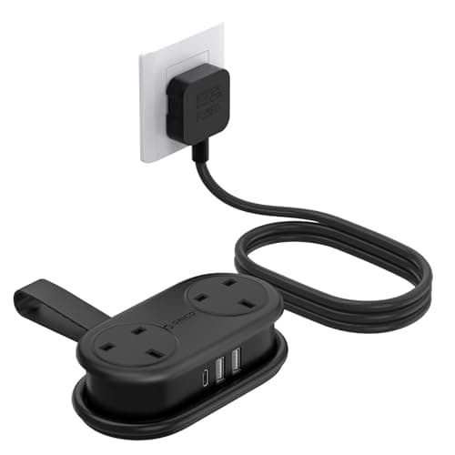 ORICO Travel Extension Lead with USB Slots, 2 Outlets 3 USB Ports (1 USB C), 3250W 13A Socket Extensions, Rollable Extension Cord for Travel/Home/Office, Essentials Cruise Approved Power Strip-Black