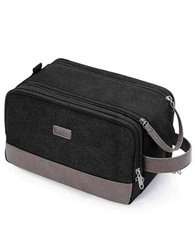 WANDF Toiletry Bag for Men Travel Wash Bag Toiletry Organizer Canvas and PU Leather Dopp Kit Water-Resistant Shaving Kit for Travel Accessories (Black, M, Patent Pending)