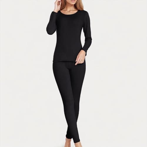 Women's Thermal Sets Crew Neck Top & Bottom Ultra Thin Underwear Black XL — view 2