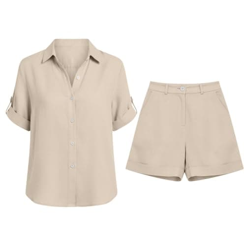 Travel Outfit Airport Set Women Petite 2 Piece Lounge Set for Women Cotton Linen Co Ord Sets 2026 Summer Airport Travel Outfit Short Sleeve Button Down Shirts and Wide Leg Shorts Loungewear Streetwear — view 4