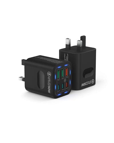 2 Pack USB C Plug UK 50W, Tupneuf 6 Port USB Charger with 30W PD/PPS & 20W QC, Multiport Fast Charger for iPhone 17 16 15 Pro Max, iPad Pro Air, Samsung Galaxy S25 S24 S23, Android Phone, Black, Set