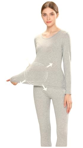 FUNSEED Women's Thermal Underwear Set Cotton Round Neck Long Sleeve Base Layers Set, Pink, Large — view 2