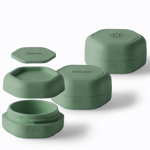 Cadence Travel Containers Basic Skincare Set - Magnetic Containers with Lids,Carry On Travel Essentials For Women/Men - 3 Small Capsules (0.56oz) - Cleanser, Moisturizer & Sun-Icon Labels - Eucalyptus