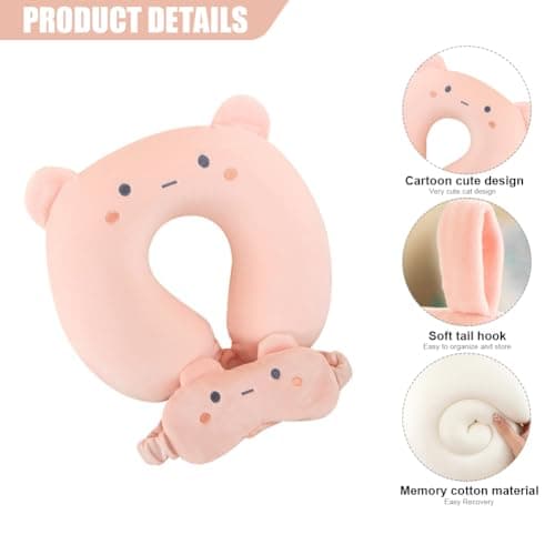 Travel Pillow Kids Travel Pillow with Sleep Eye Mask Cute Neck Pillow for Travel Soft Memory Foam Travel Neck Pillow for Adults and Kids Airplane Sleeping Travel and Camping (pink cat) — view 3