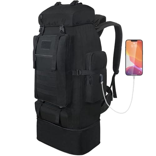 Vaupan 70L/100L Hiking Backpack with USB Charging Port, Expandable Large Military Tactical Backpack, Waterproof MOLLE Rucksack Travel Backpacking Pack for Camping Climbing (Black)