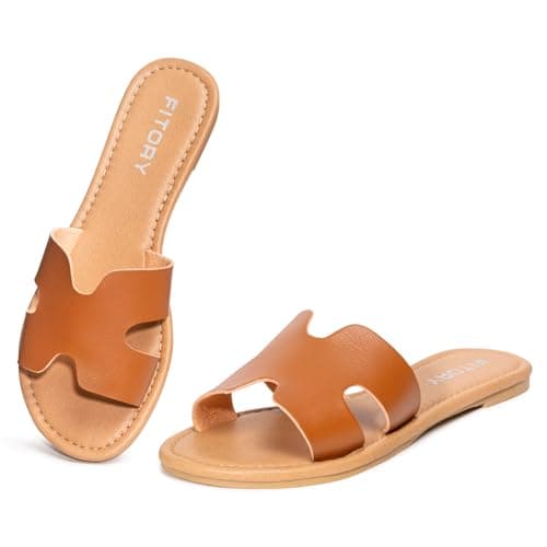 FITORY Women's Flat Sandals Slip On Leather Sliders Warm Brown Size 4