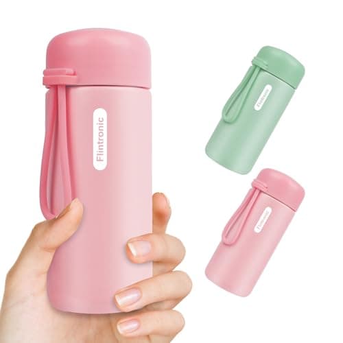 flintronic 150 ML Mini Thermal Flask, Stainless Steel Insulated Water Bottles, Double Wall Vacuum Small Flask, Leakproof Drinks Bottle with Carry Handle for Hot&Cold Drinks, Coffe, Juice - Pink