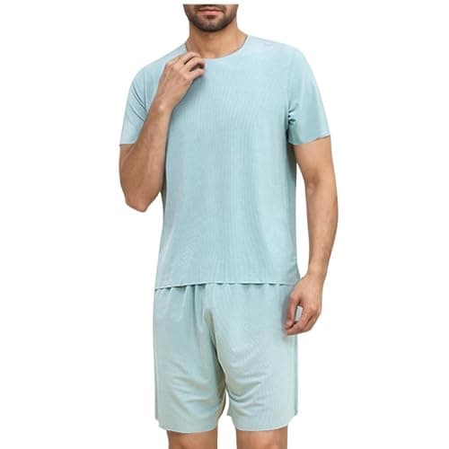 Mens Ice Silk Pajama Sets Cheap, Short Sleeve Pjs Loungewear and Shorts 2 Piece, Summer Sleepwear Soft Nightwear Round Neck Pyjamas Tops and Bottoms Outfits Solid Color Co ord Set for Casual Home