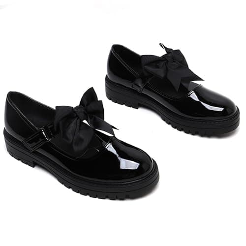 Gizelle® Girls Patent Black Mary Jane School Shoes with Detachable Bow On Strap - Toddler Kids Back to School Comfortable Anti-Slip Uniform Flat Shoes UK-8uk — view 4