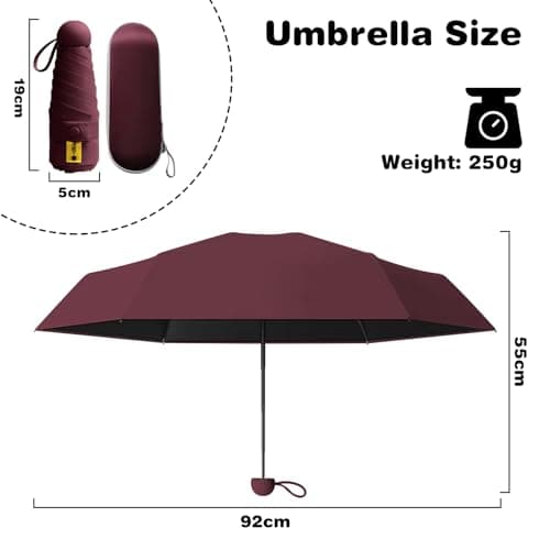 Detontek Mini Folding Travel Umbrella, Mini Travel Umbrella, Pocket Umbrella, Dual Purpose, Compact And Portable, With Storage Box (Wine Red) — view 2