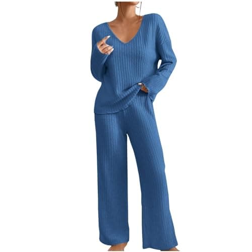 Ladies Loungewear Sets UK Womens Tracksuits Travel Sets for Women Clothes Co Ord Womens Two Piece Outfits Leisure Suits Airport Outfit Knitted Long Sleeve Blouse and Pant Set