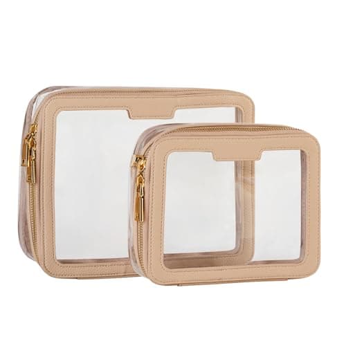 Duo Mocha Vegan Leather Black Toiletry Bag - Clear PVC Waterproof Zippered Wash Bag Organizer - 2 Pack Large & Small