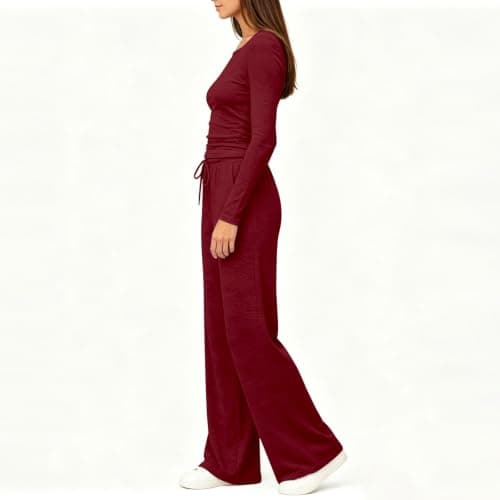 Travel Sets for Women Burgundy 2 Piece Co Ord Outfit Set Long Sleeve Top with Drawstring Wide Leg Pants Airport Travel Outfit Casual Holiday Clothes for Women UK Home Travel Streetwear Size L — view 2