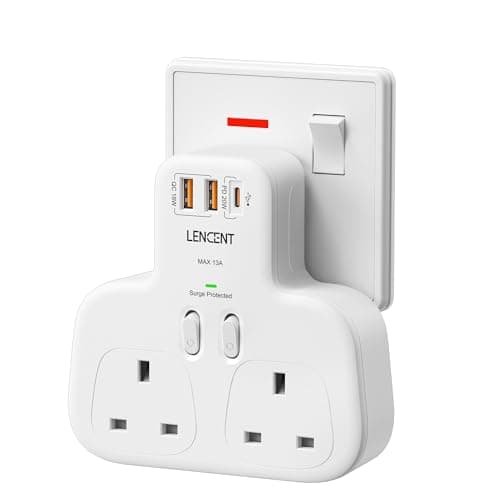 LENCENT Double Plug Adaptor With 3 USB Slots, Multi Plug Extension 2 Way