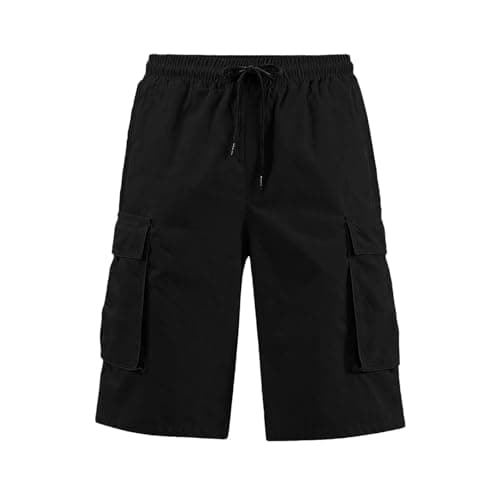 Cbebvwl Men's Cargo Shorts Drawstring Waist Multi Pockets Cotton Loose Fit Casual Work Outdoor Sports Solid Color Summer Beach Shorts with Big Side Pockets Black M — view 3