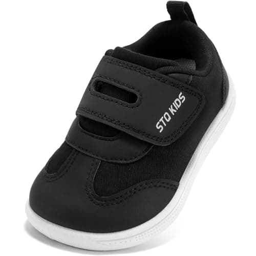 STQ KIDS Boys Trainers Kids Barefoot Shoes Black School Shoes Girls Toddler Wide Toe Box Tennis Baby First Walking Running Boy Girl Sneakers Lightweight Minimalist Black White Toddler Size 7