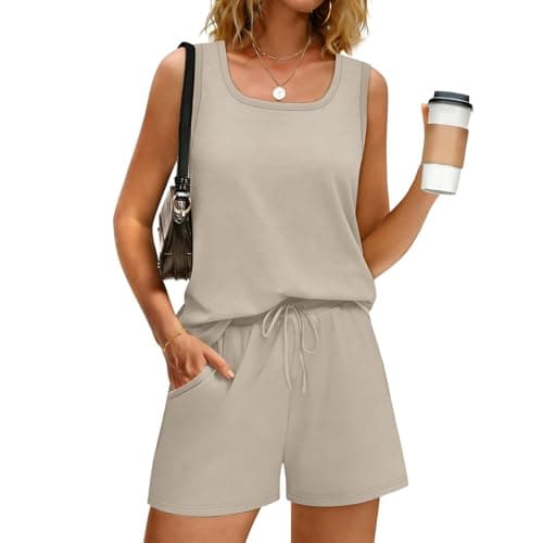 Co Ord Sets for Women Trousers Khaki Summer 2-Piece Sleeveless Tracksuit Casual Tank Top and Elastic Waist Shorts Set with Side Pockets for Loungewear Outdoor Activities UK 12 — view 3
